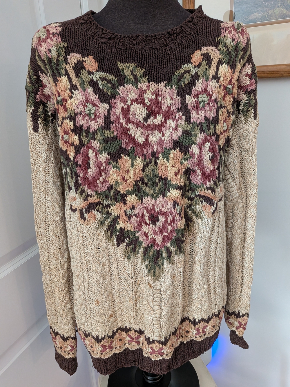Vintage Handmade Portraits Knit Sweater - Cream & Brown